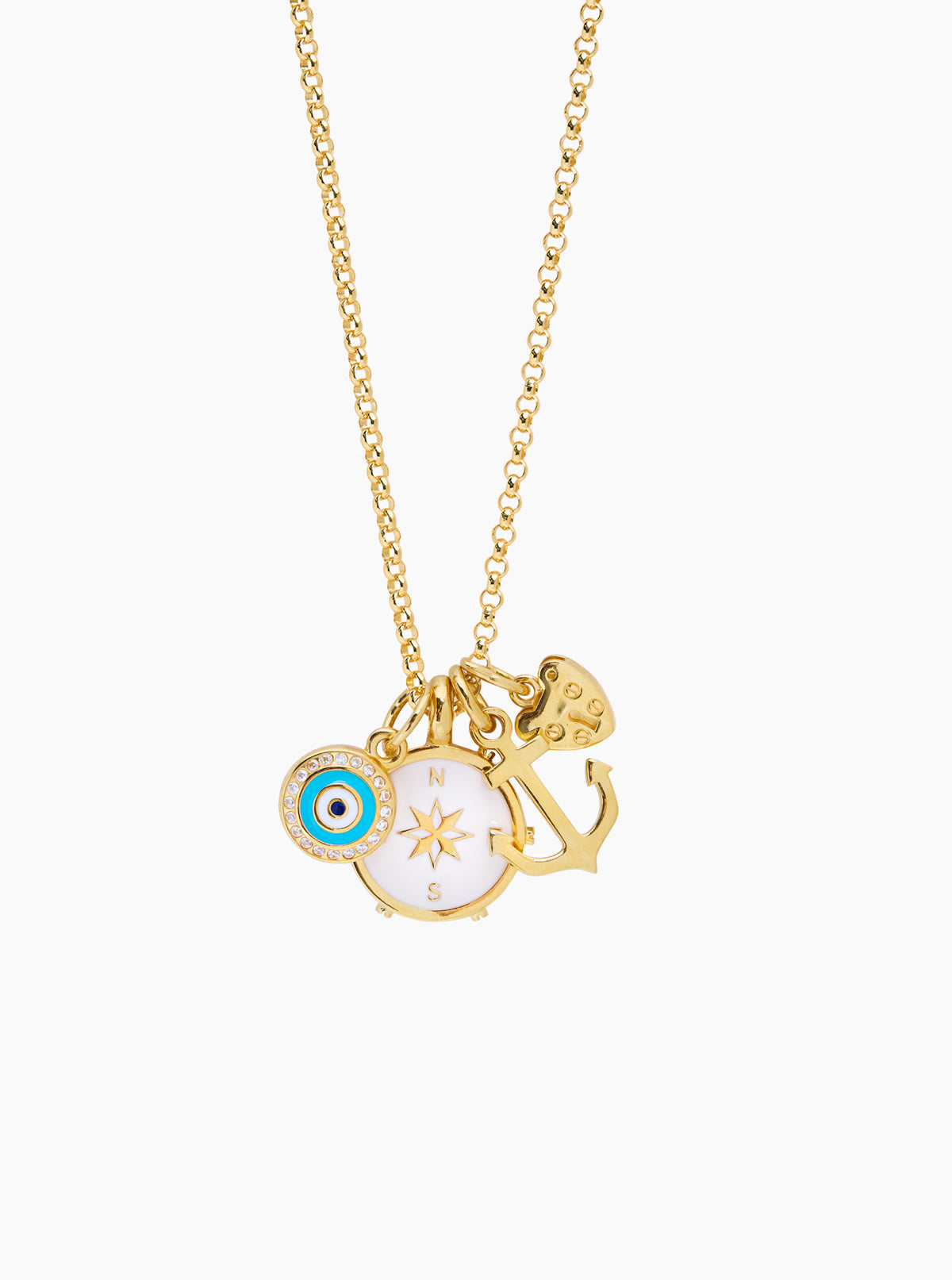 Gold-tone pendant necklace with blue evil-eye, star, and anchor charm
