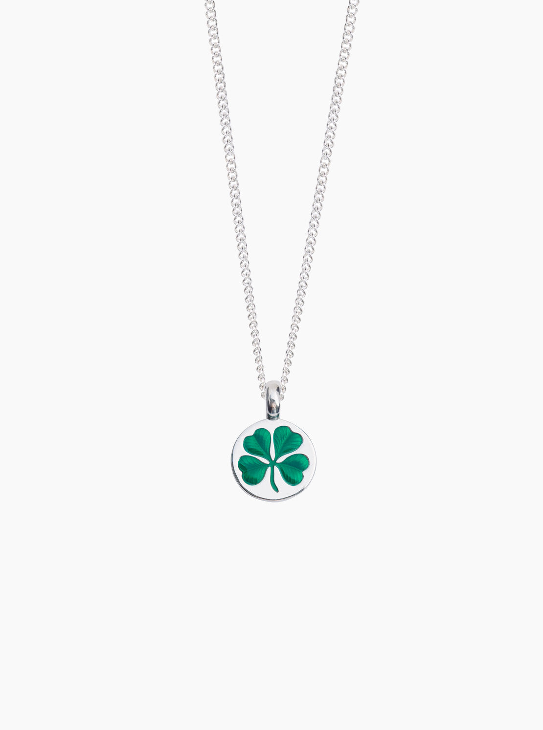 Silver clover pendant necklace with fine curb chain and green enamel four-leaf design