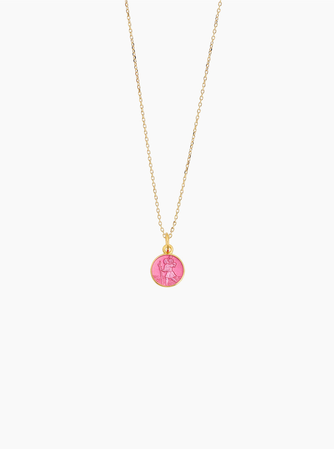 Gold trace chain necklace with pink St Christopher round pendant