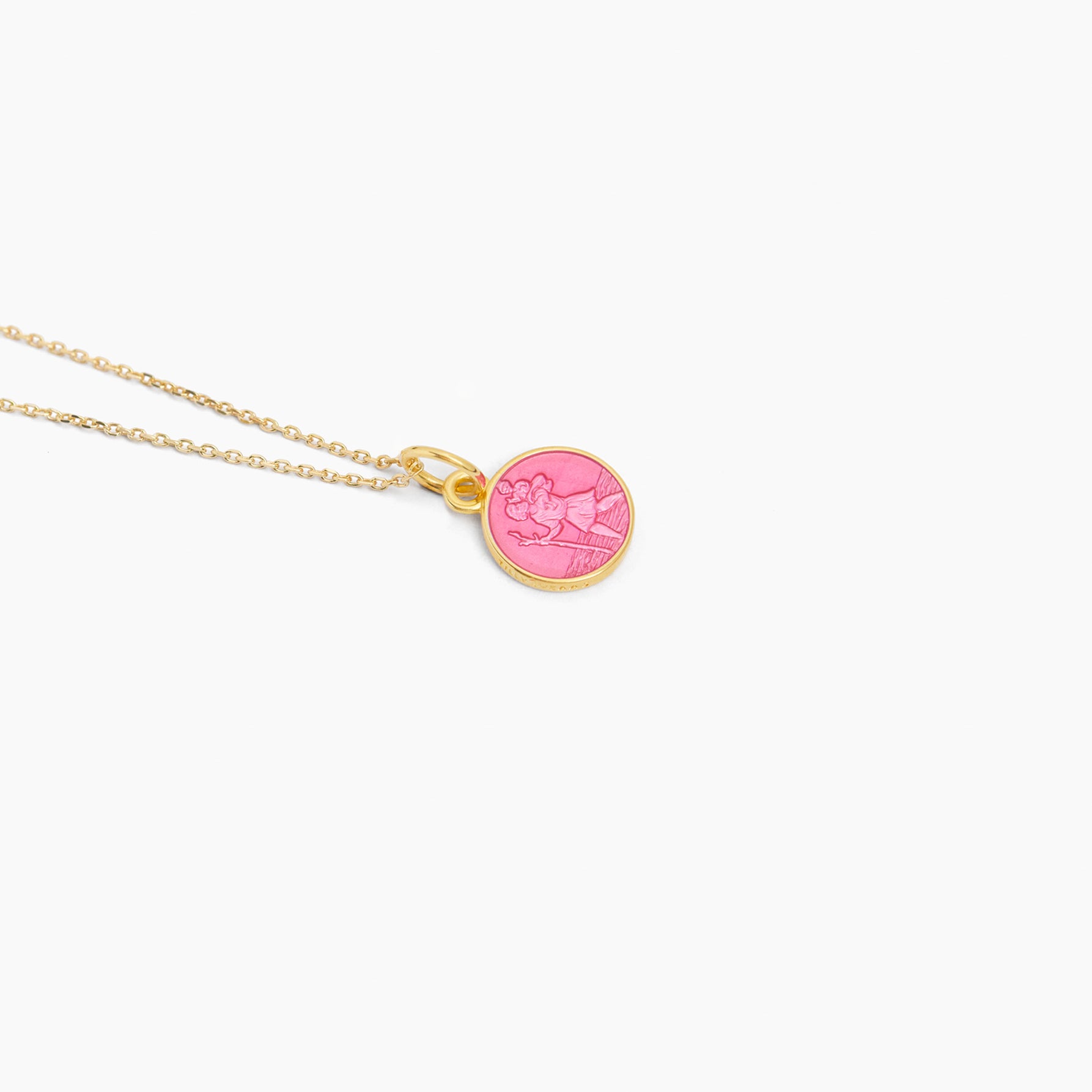 Pink round St Christopher pendant on gold trace chain