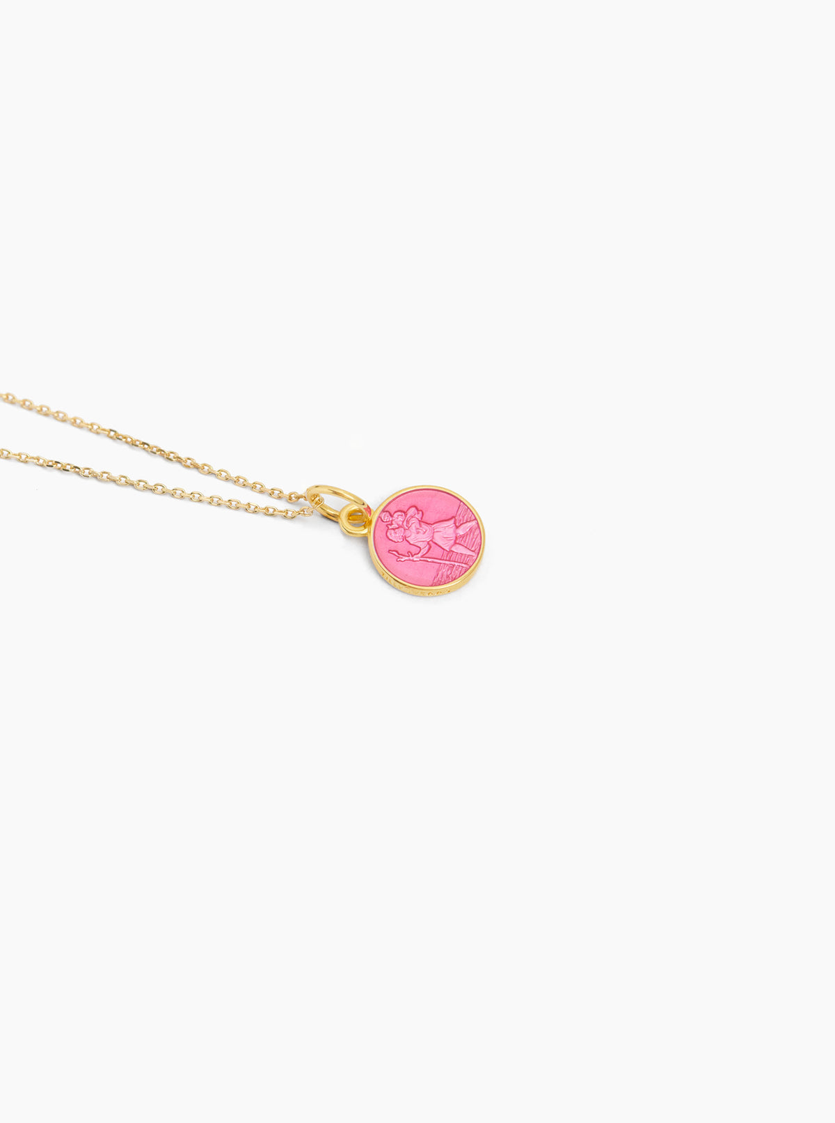 Pink round St Christopher pendant on gold trace chain