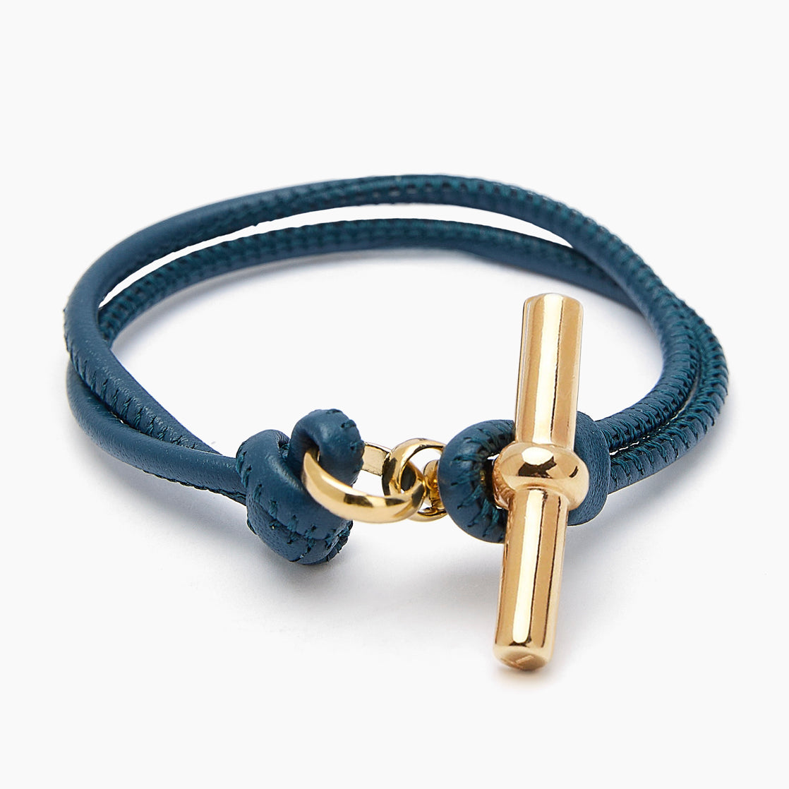 Gold T-Bar on Navy Leather Bracelet
