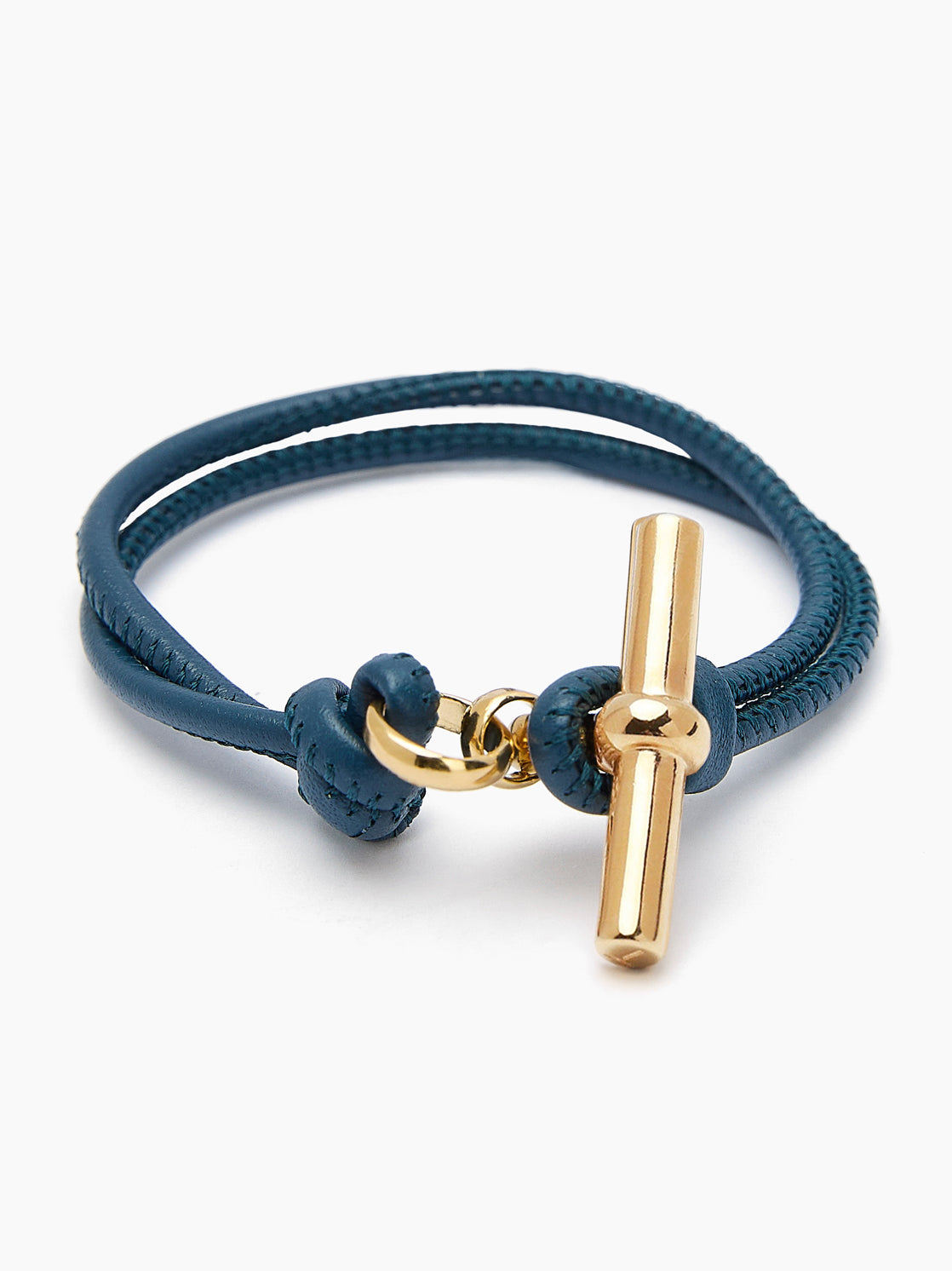 Gold T-Bar on Navy Leather Bracelet