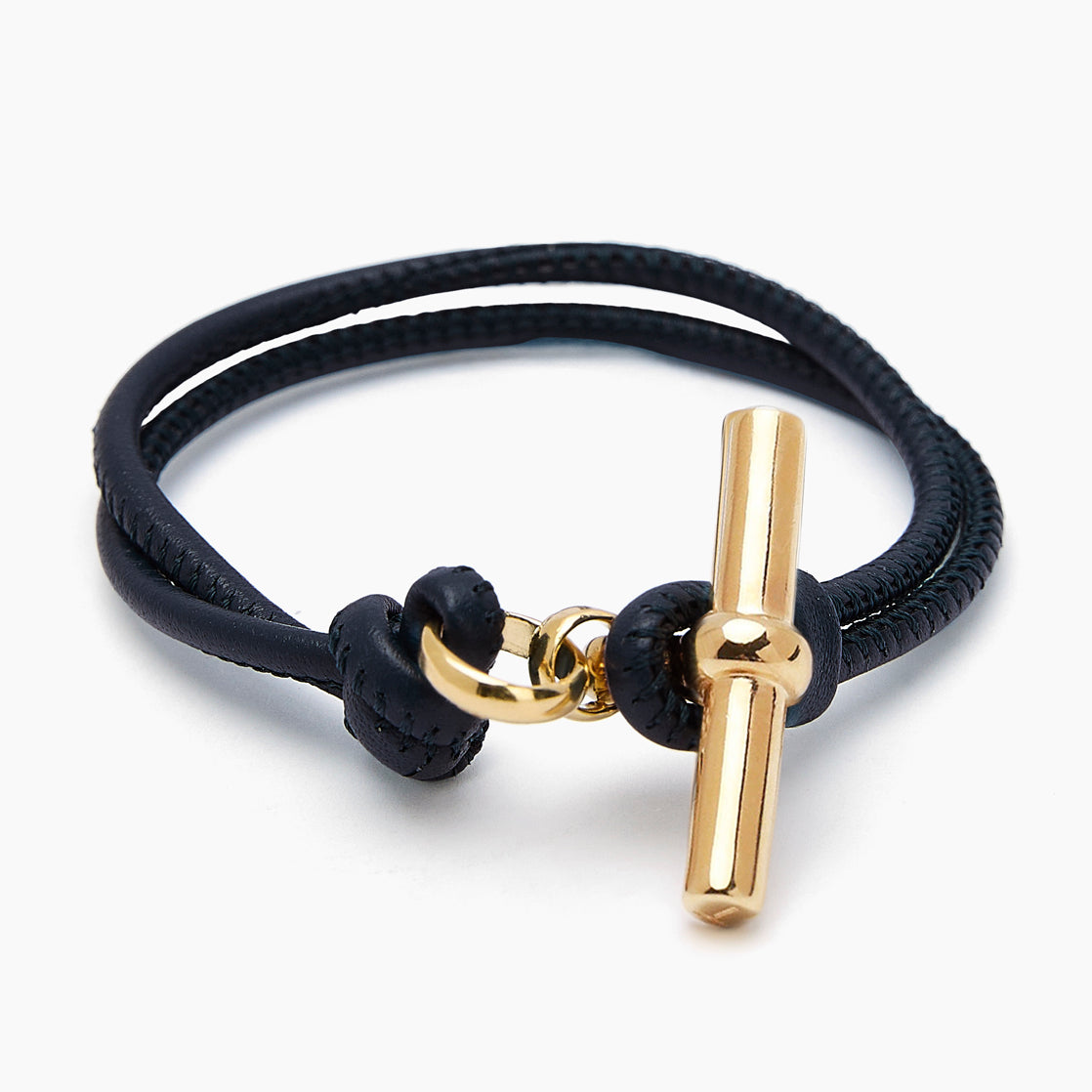 Gold T-Bar on Noir Leather Bracelet