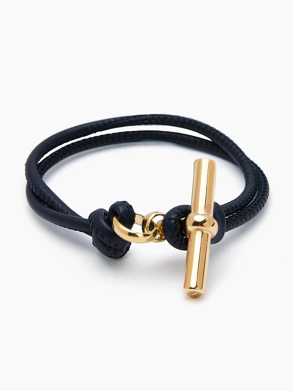 Gold T-Bar on Noir Leather Bracelet