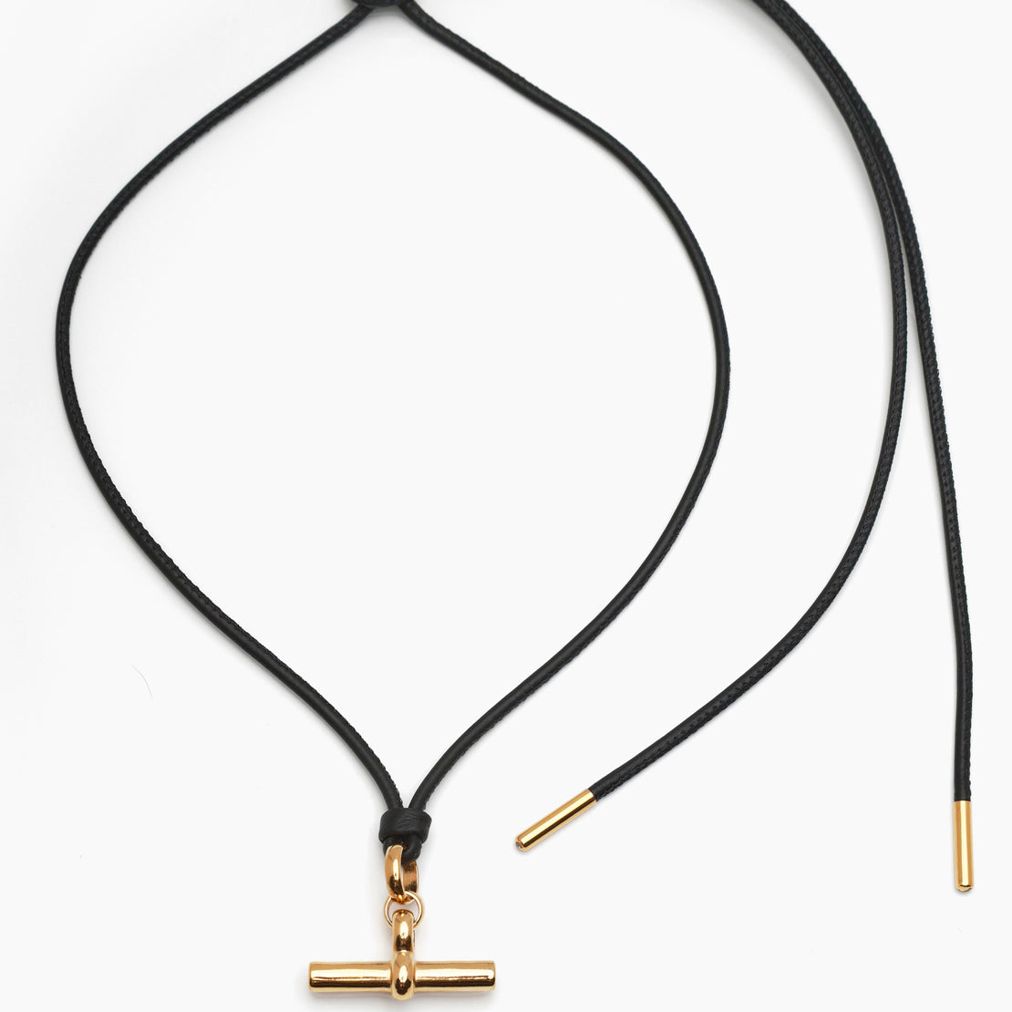 Medium Gold T-Bar on Noir Leather Necklace