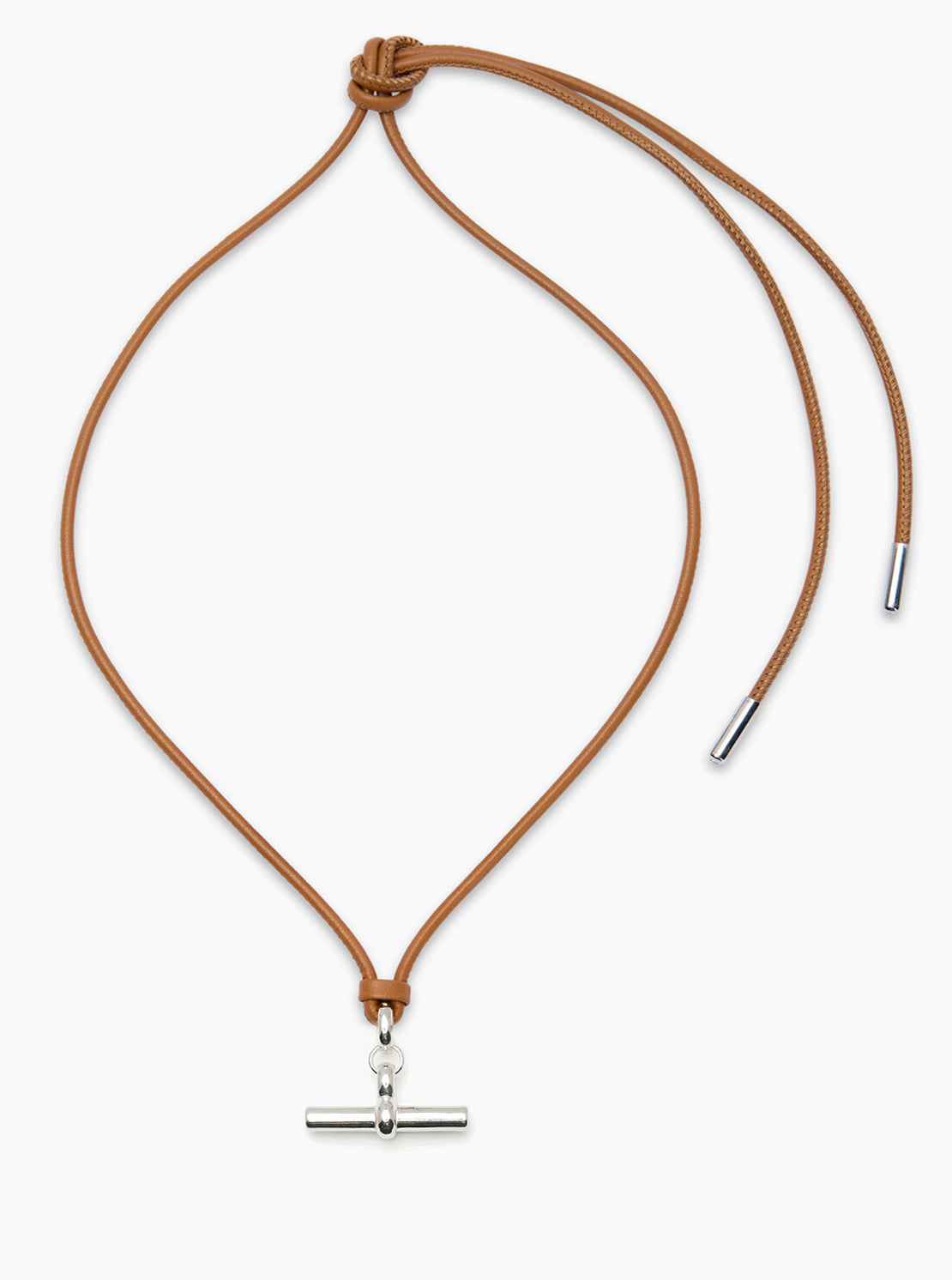 Medium Silver T-Bar on Tan Leather Necklace