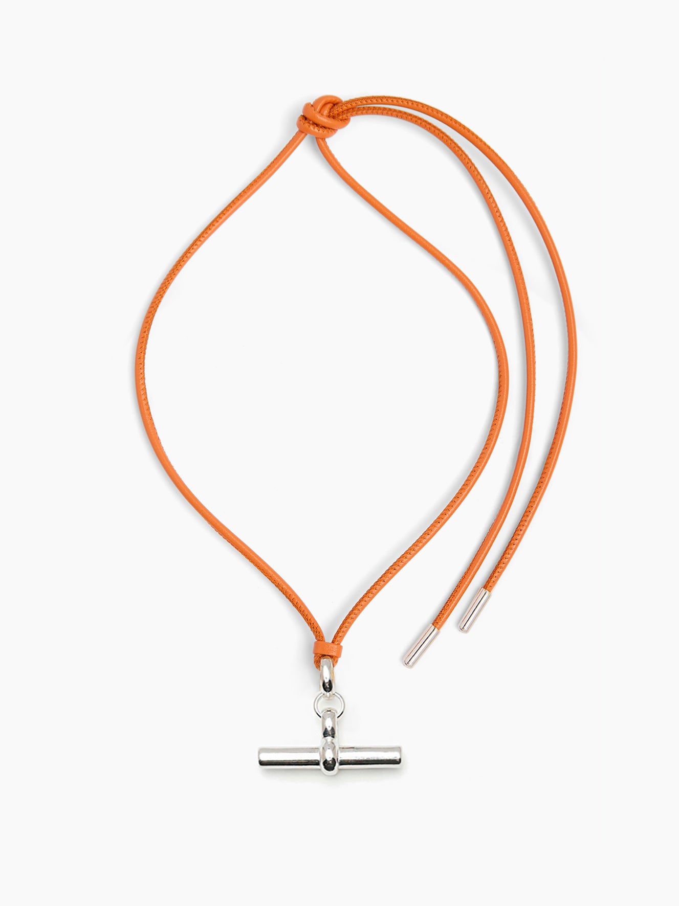 Orange leather necklace with silver T-bar clasp and braided cord loop