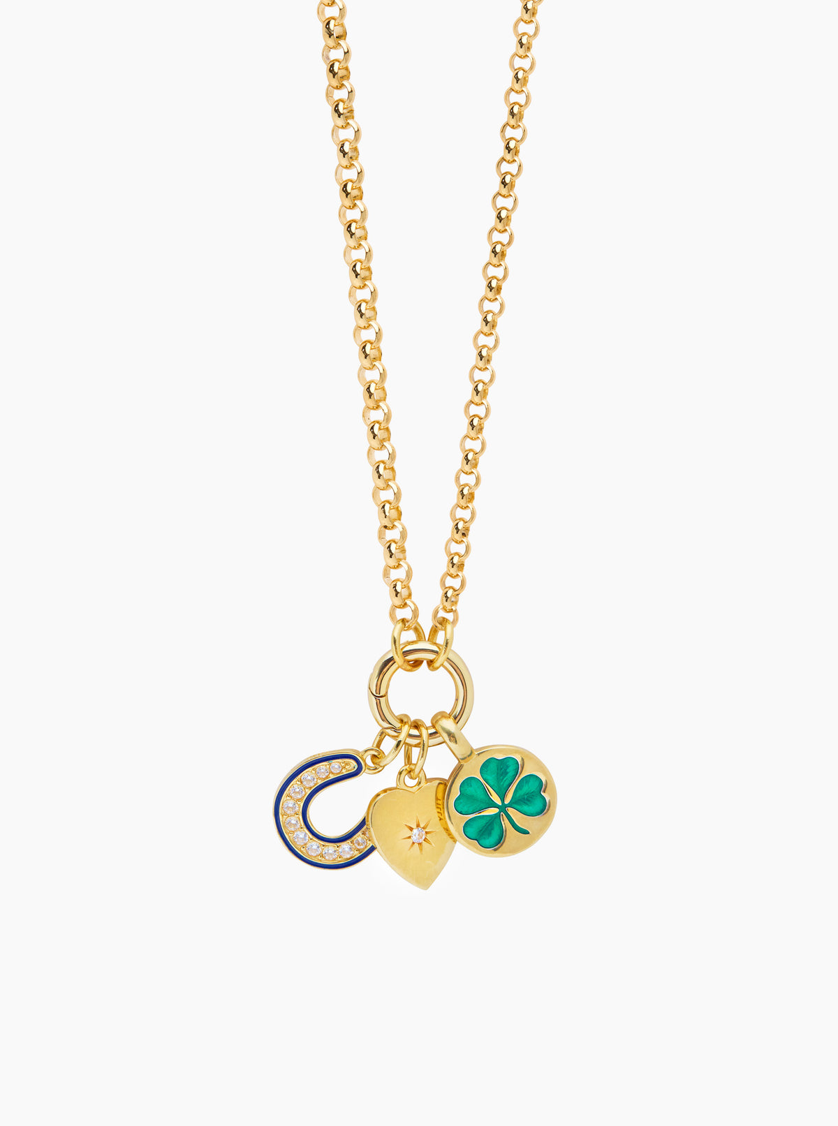 Gold-tone charm pendant necklace with heart, clover, and crystal accents; green enamel