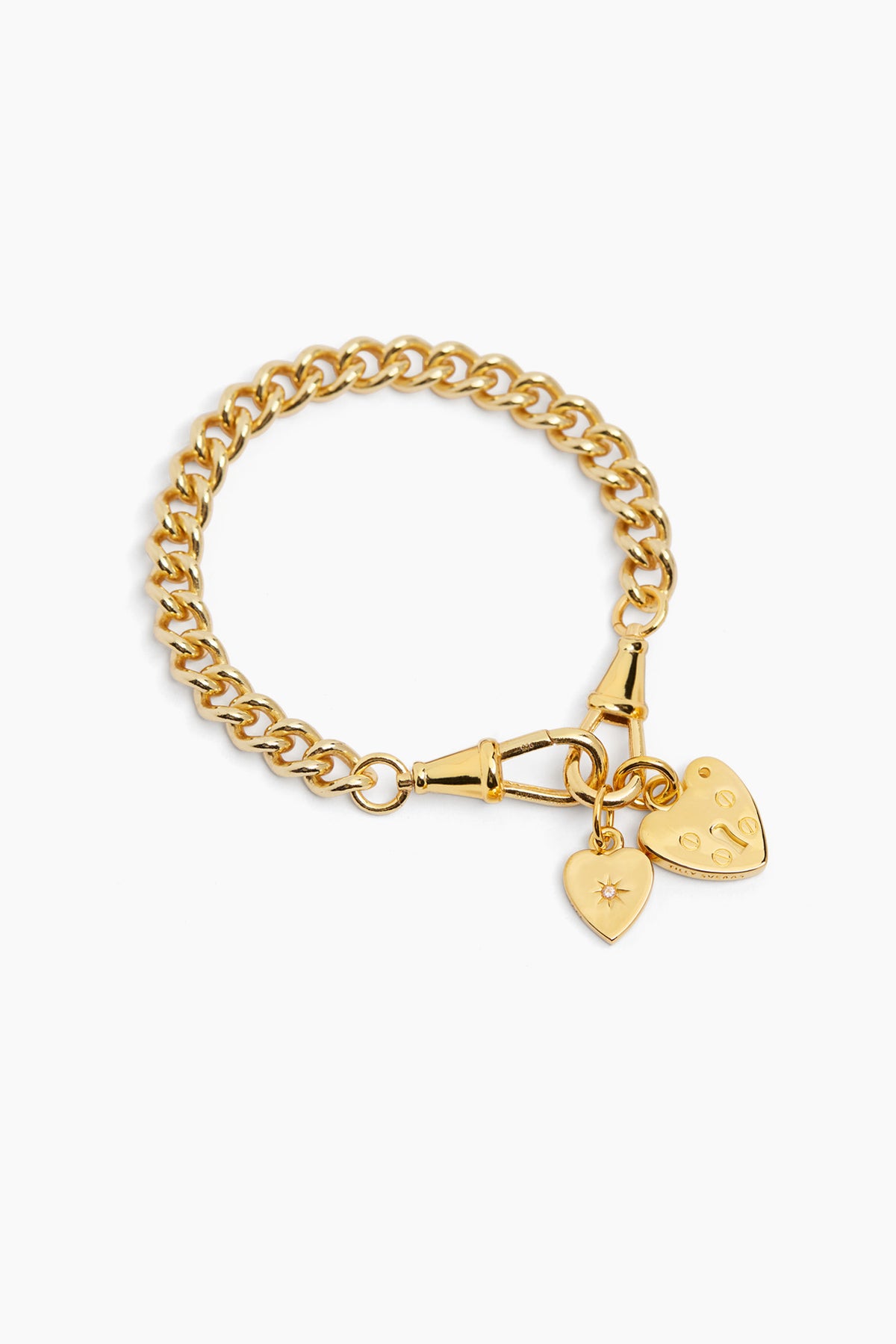Gold chain bracelet with heart charms and small dangling tags