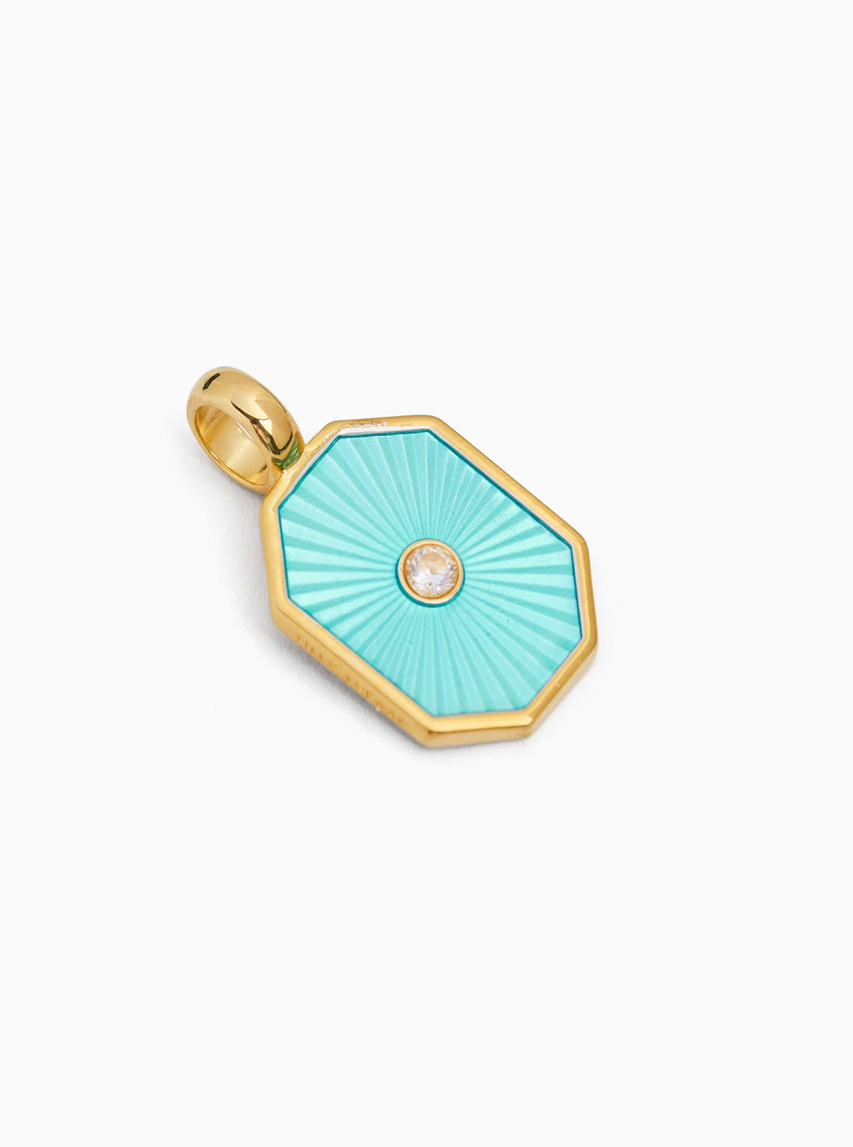 Gold-tone octagon charm with turquoise enamel and small round jeweled center