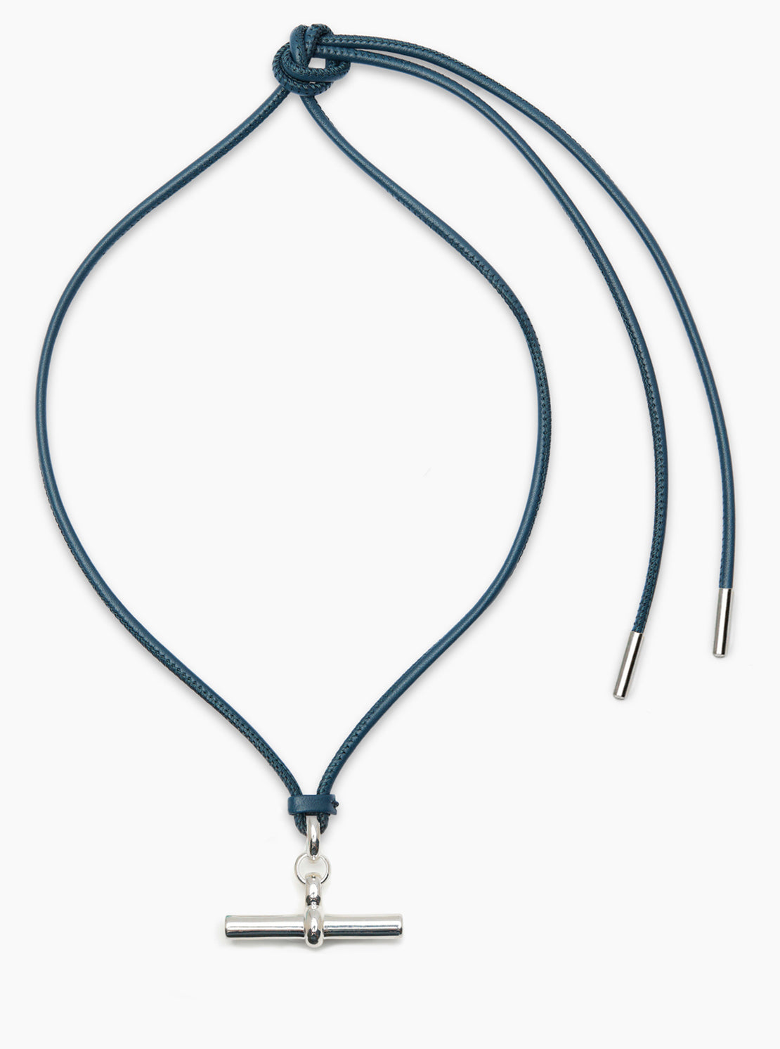 Giant Silver T-Bar on Navy Leather Necklace