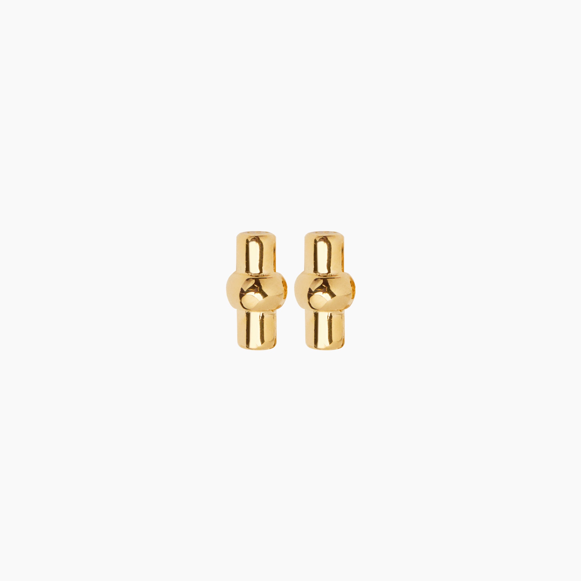 Small gold T-bar stud earrings close-up, square-bar design