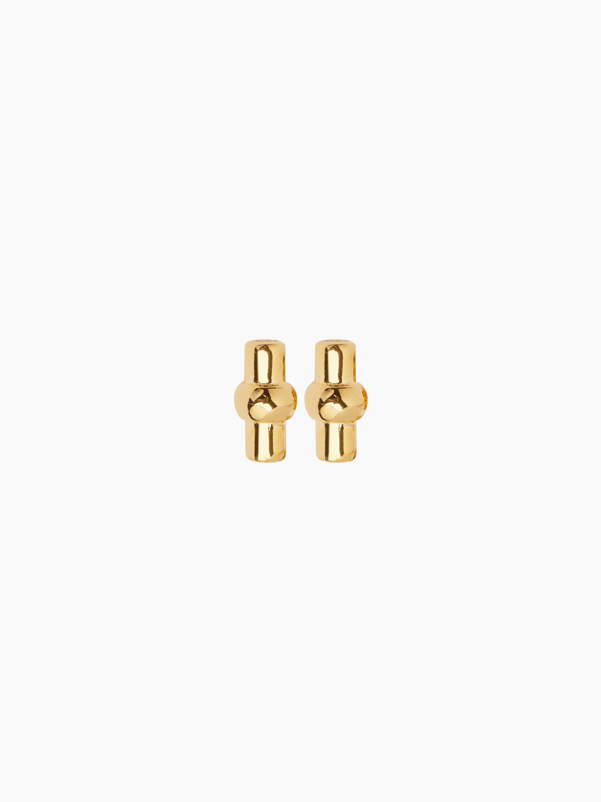 Small gold T-bar stud earrings close-up, square-bar design