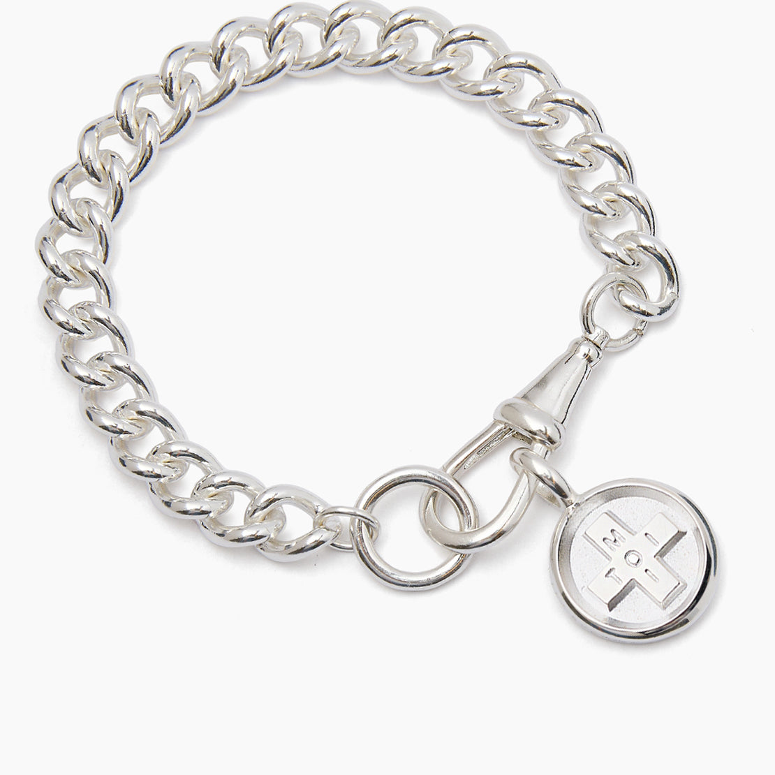 Large Silver Moi + Toi Disc on Large Curb Clip Bracelet