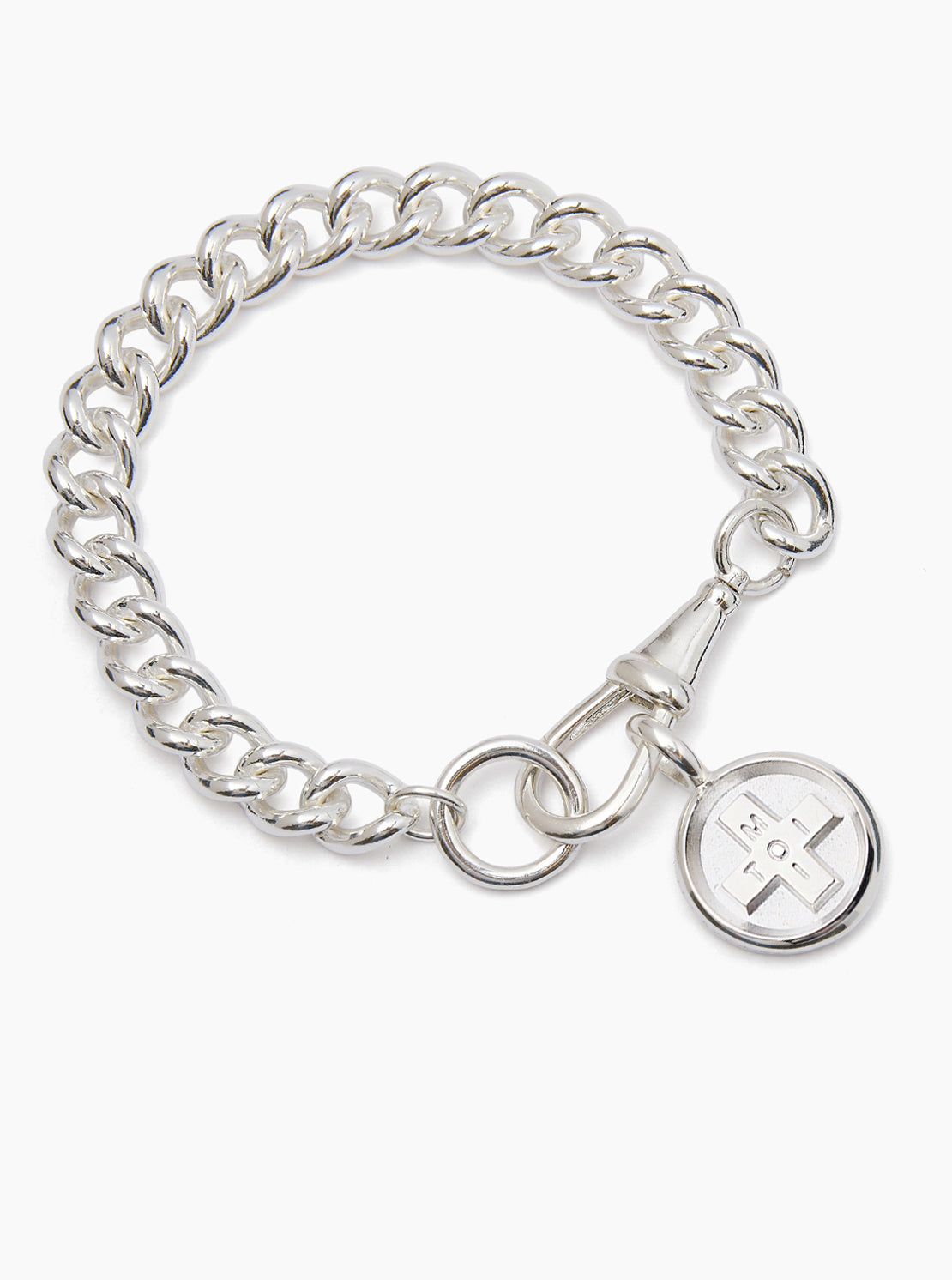 Large Silver Moi + Toi Disc on Large Curb Clip Bracelet