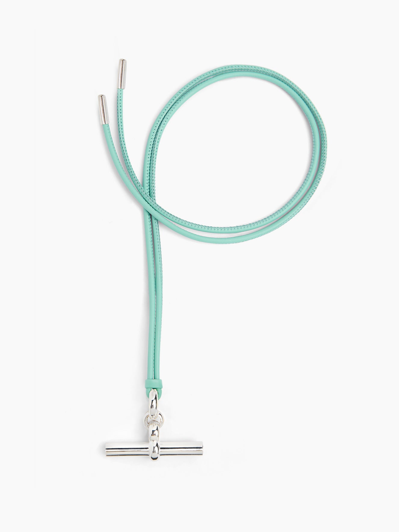 Aquamarine leather necklace with giant silver T-bar clasp and adjustable cords