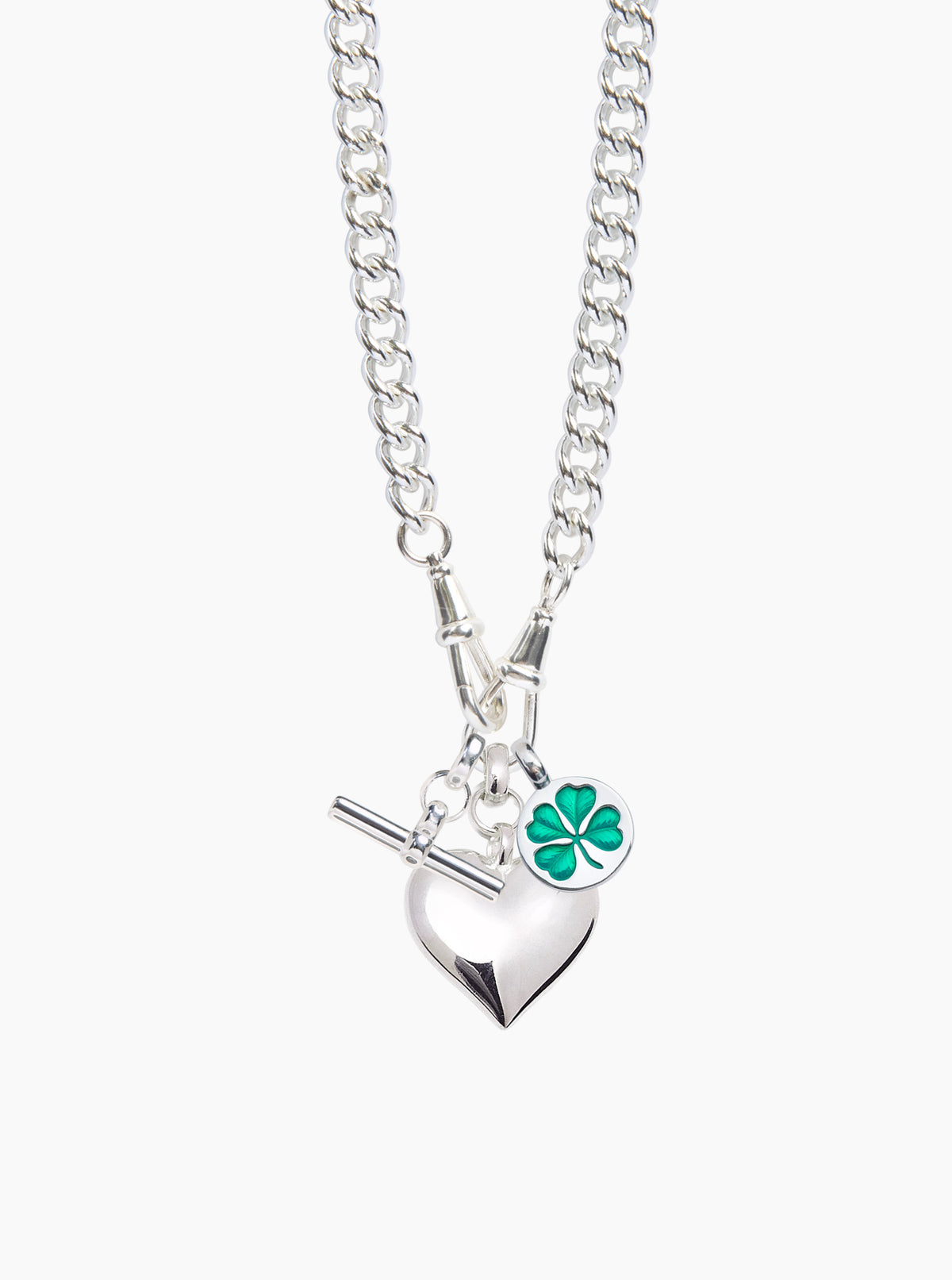 Silver heart charm necklace with green clover enamel pendant on chain