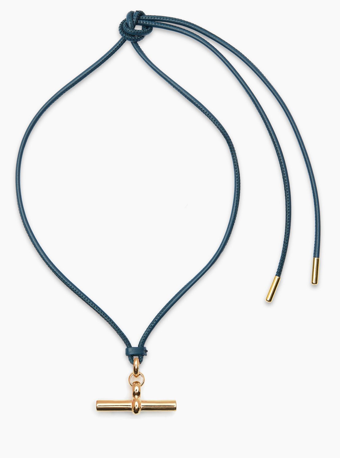 Giant Gold T-Bar on Navy Leather Necklace