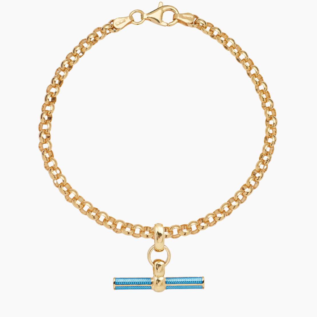 Aquamarine Enamelled Small Gold T-bar on Belcher Bracelet