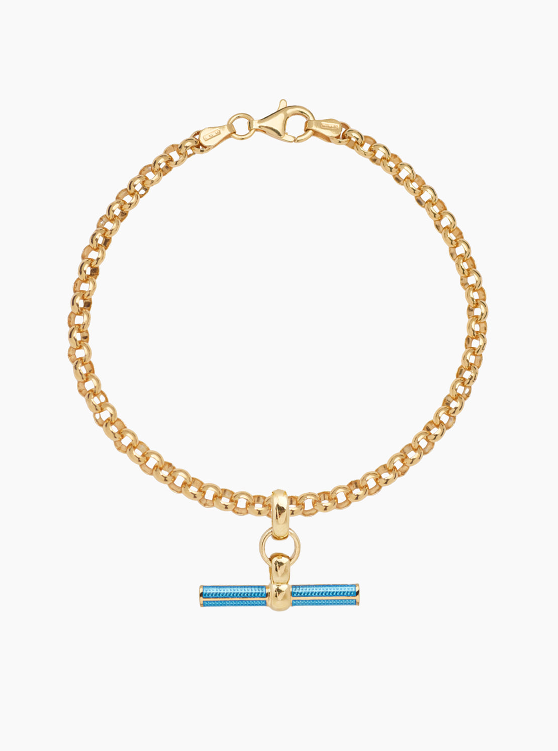 Aquamarine Enamelled Small Gold T-bar on Belcher Bracelet
