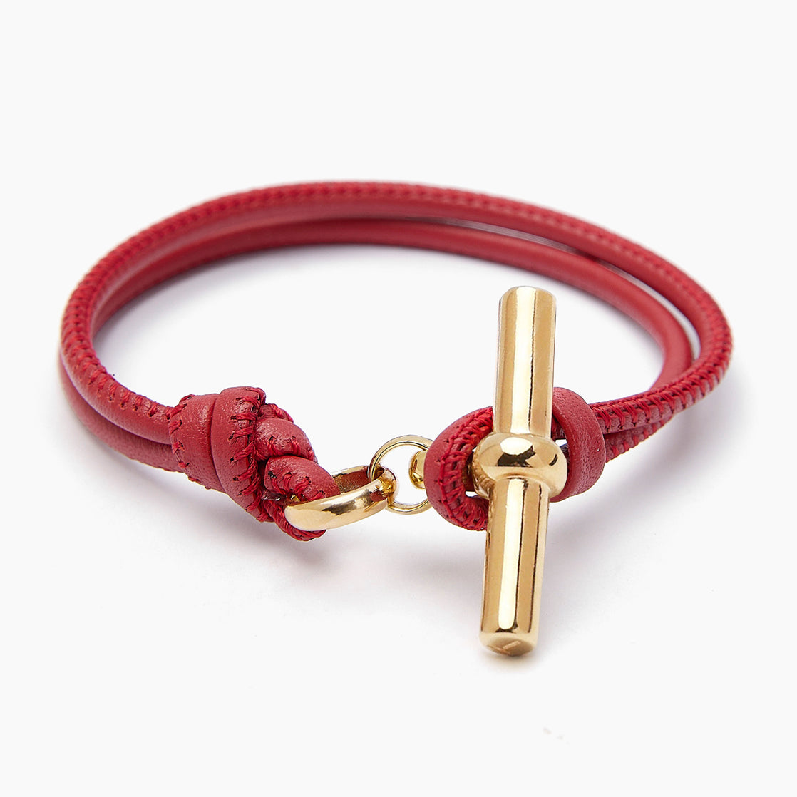 Gold T-Bar on Red Leather Bracelet