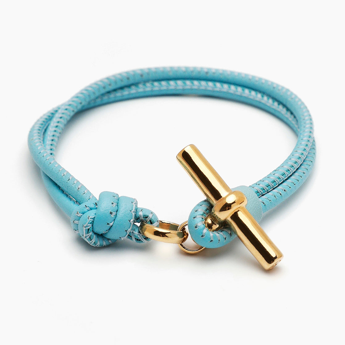 Gold T-Bar on Pale Blue Leather Bracelet