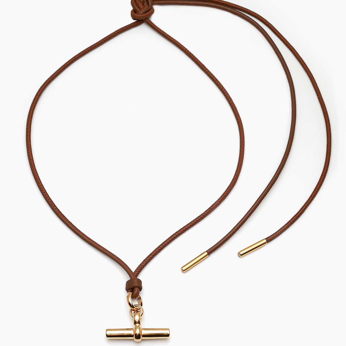 Medium Gold T-Bar on Dark Brown Leather Necklace