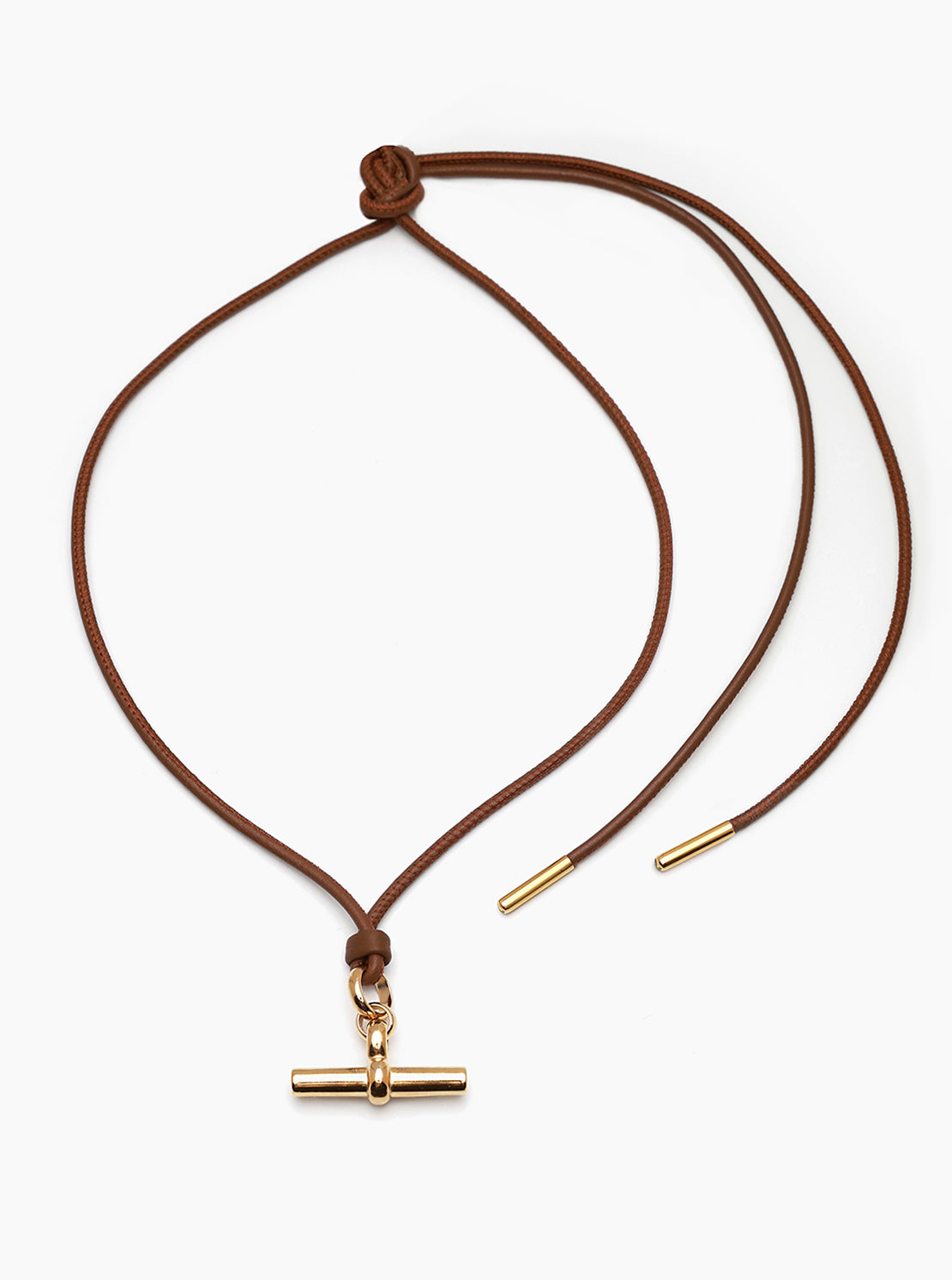 Medium Gold T-Bar on Dark Brown Leather Necklace