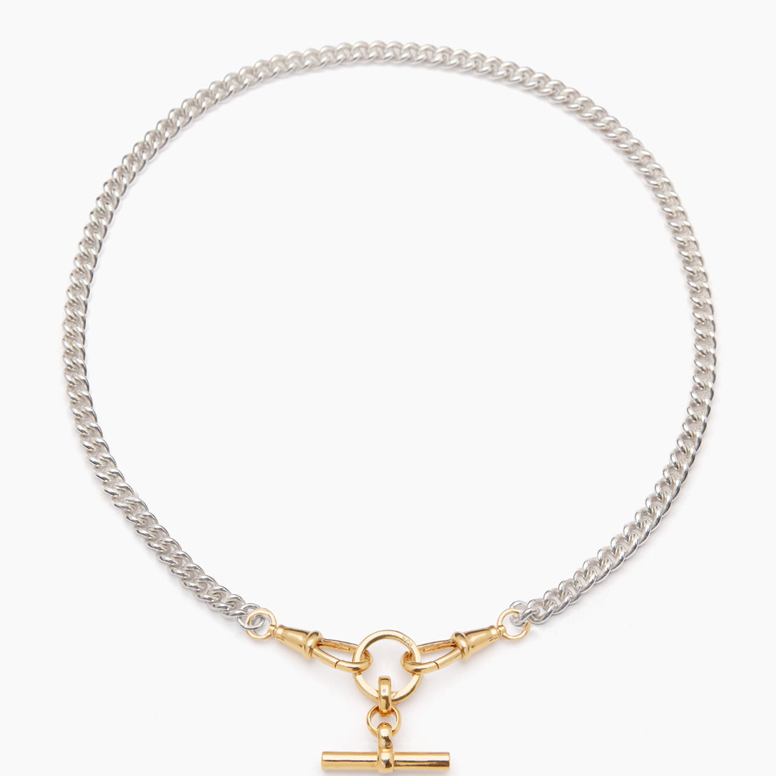 Small Gold T-bar on Slim Silver and Gold Curb Clipt Necklace