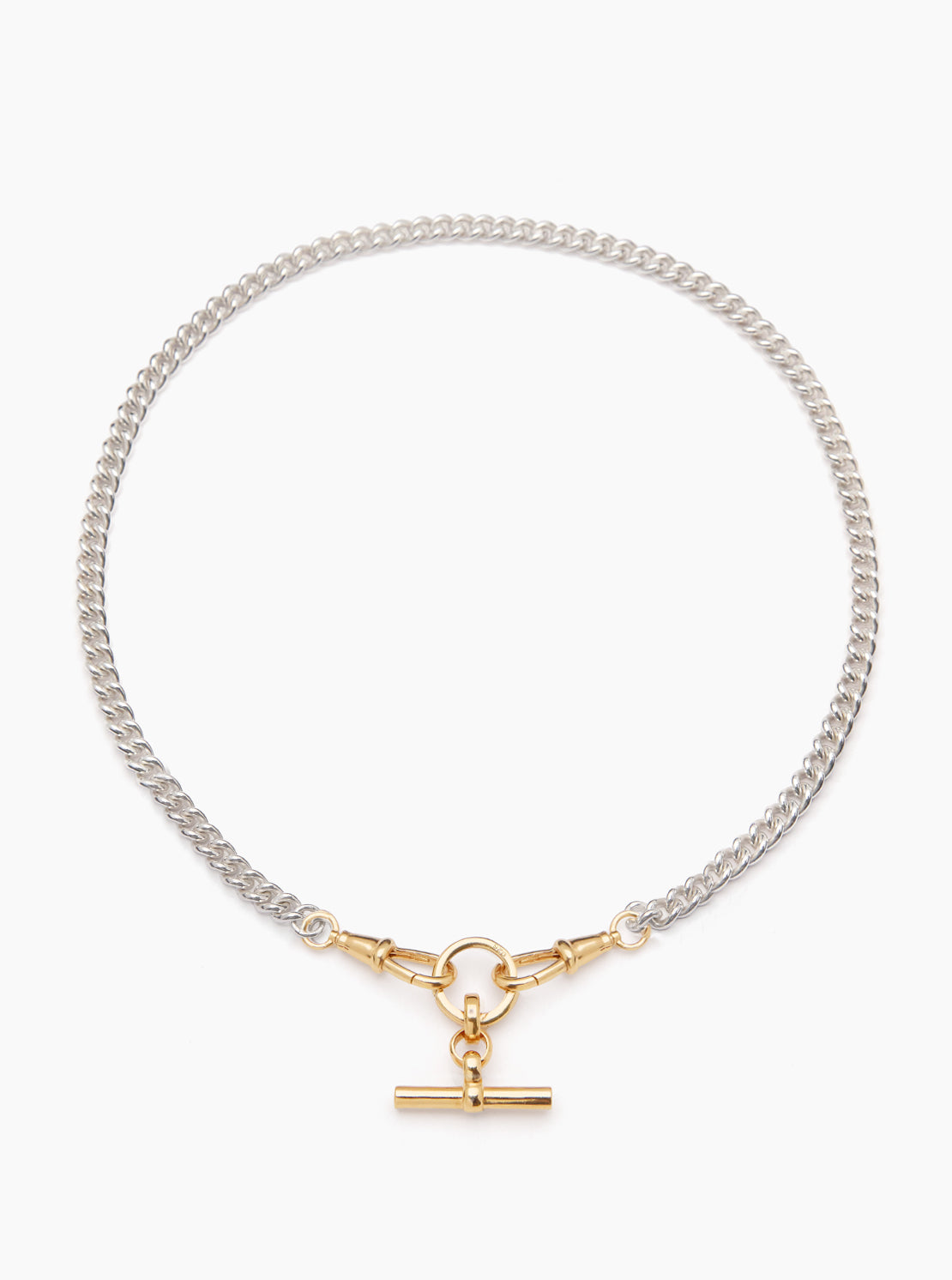 Small Gold T-bar on Slim Silver and Gold Curb Clipt Necklace