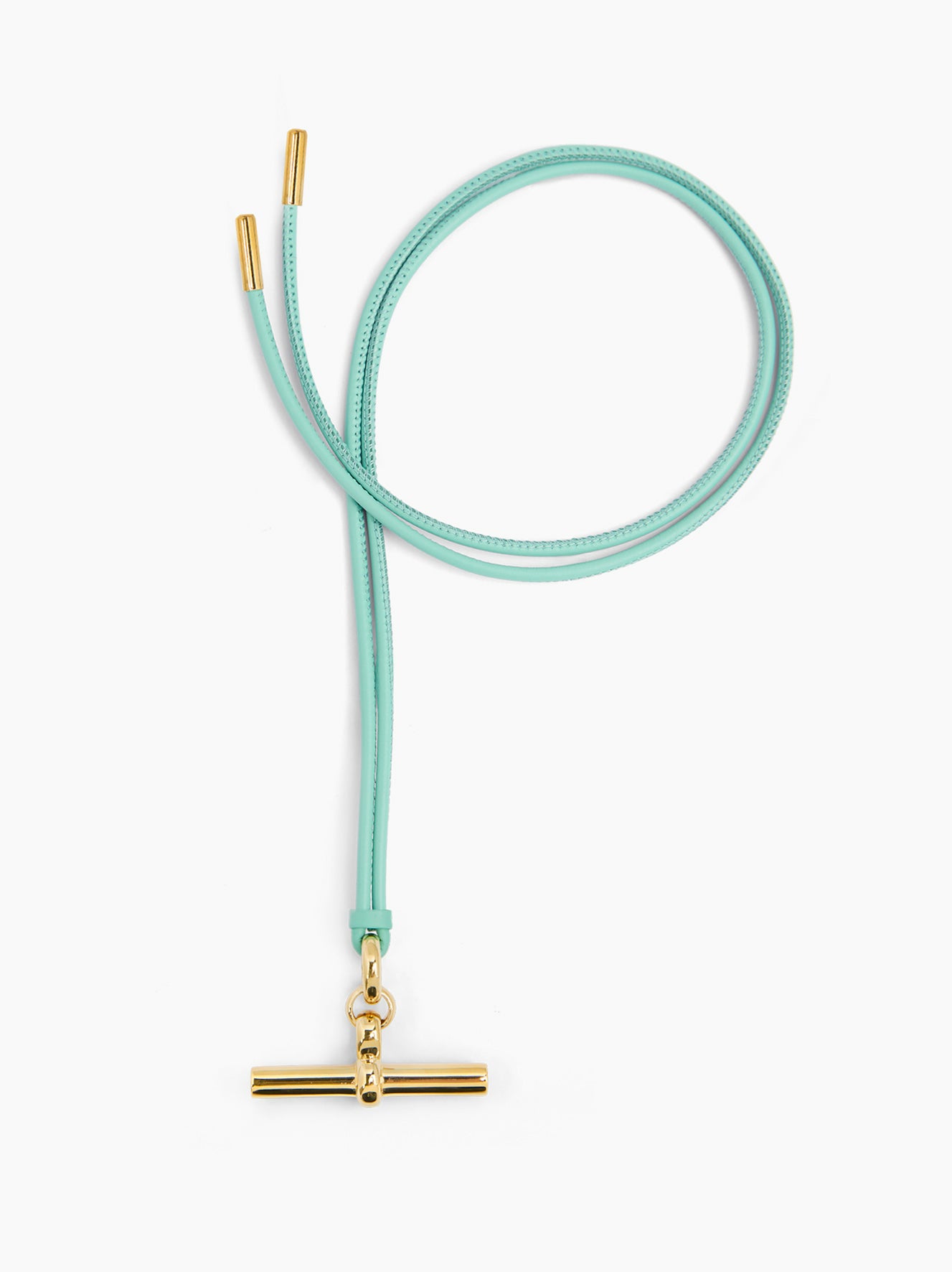 Aquamarine leather necklace with gold T-bar pendant and adjustable cord ends