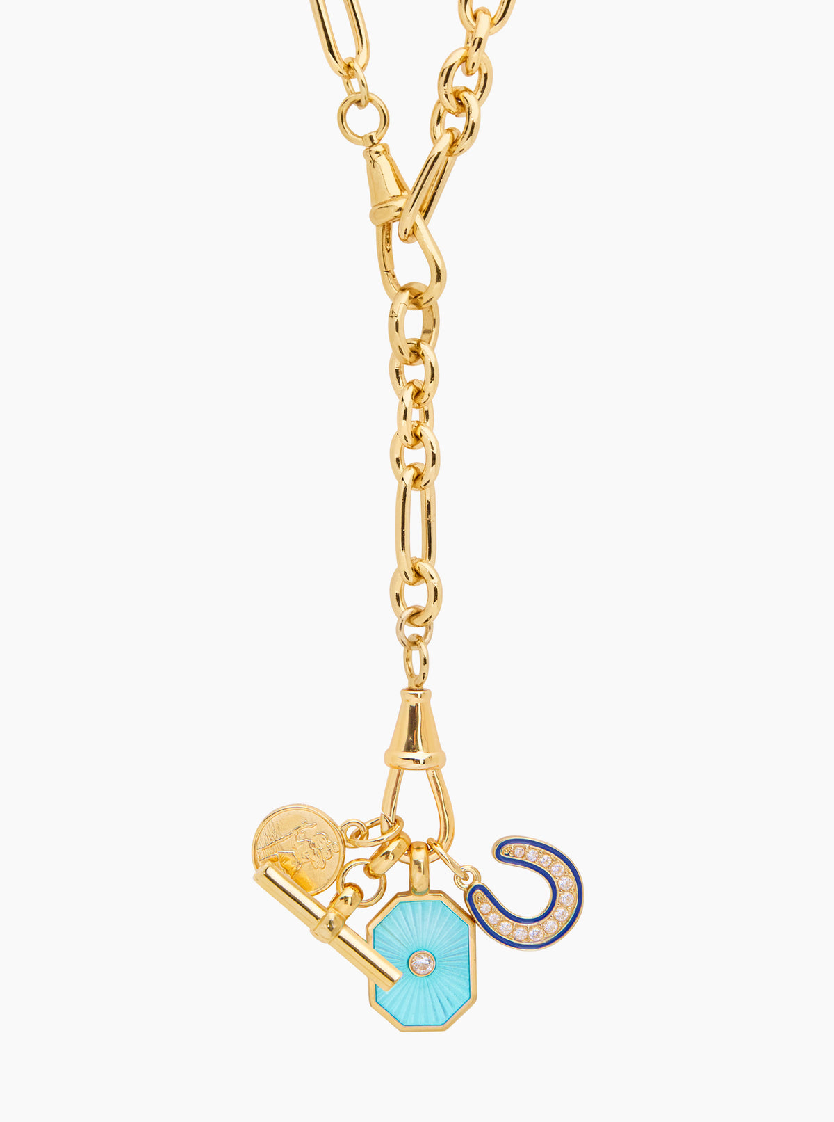 Gold charm necklace pendant with turquoise horseshoe charm and coin-style medallion