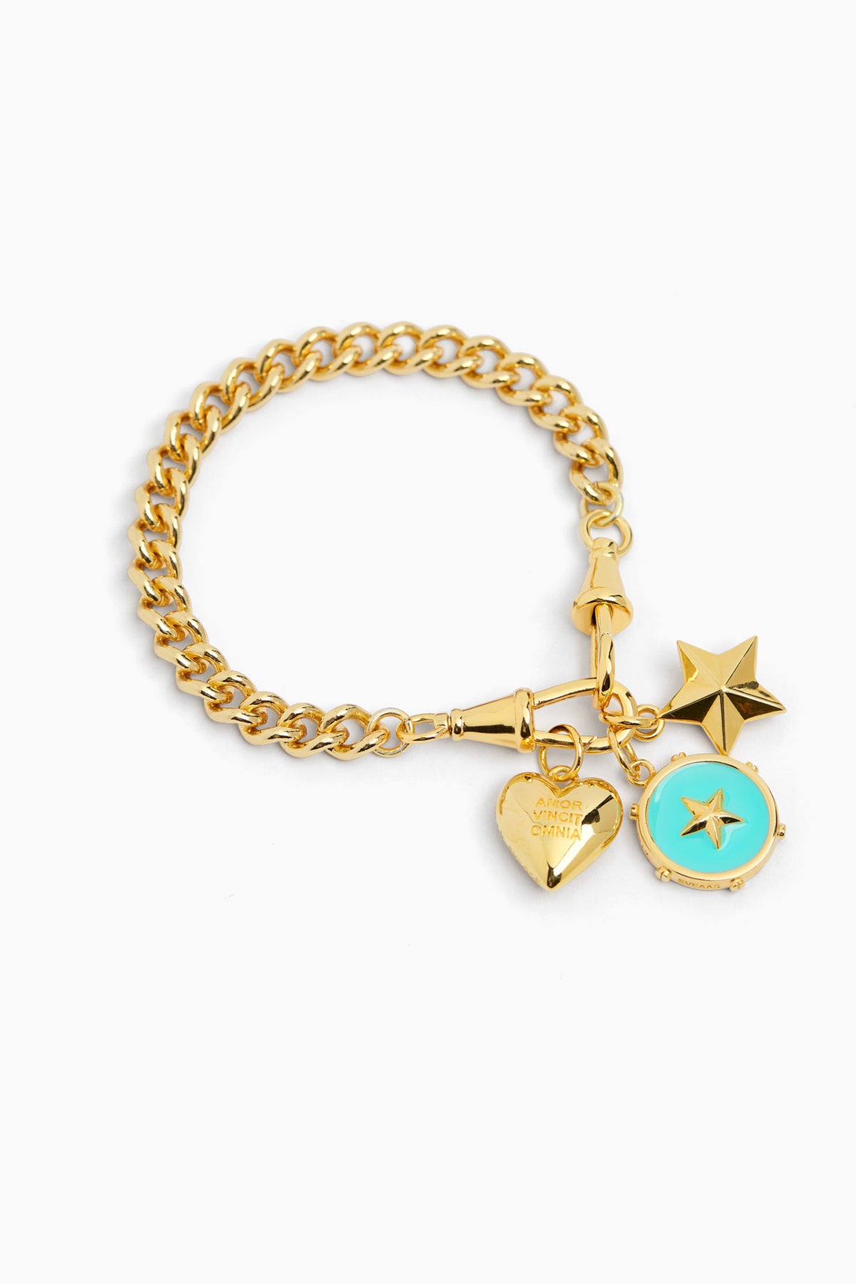 Gold charm bracelet with heart, star, and blue round charms