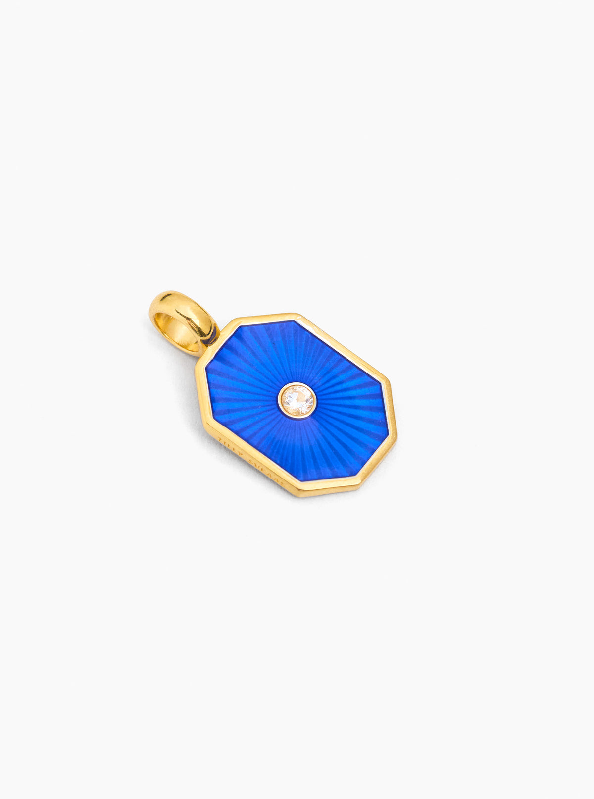 Gold-tone octagon charm with navy blue enamel and round center gem, loop bail