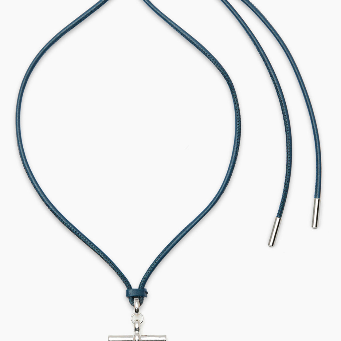 Medium Silver T-Bar on Navy Leather Necklace