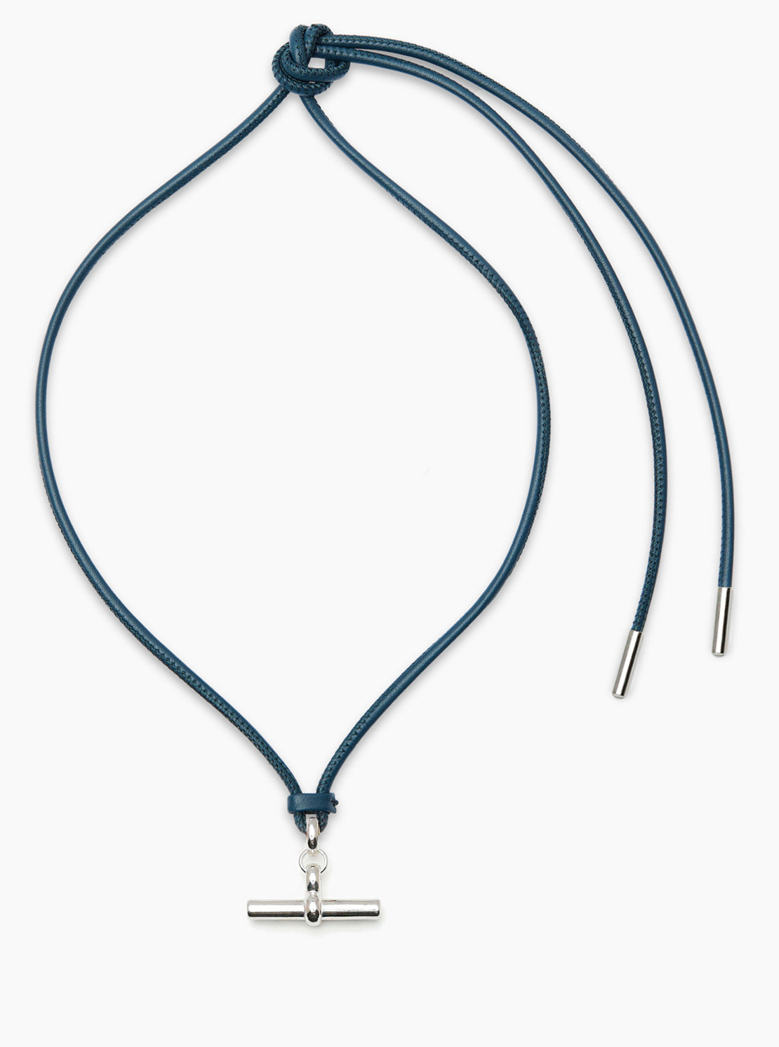 Medium Silver T-Bar on Navy Leather Necklace