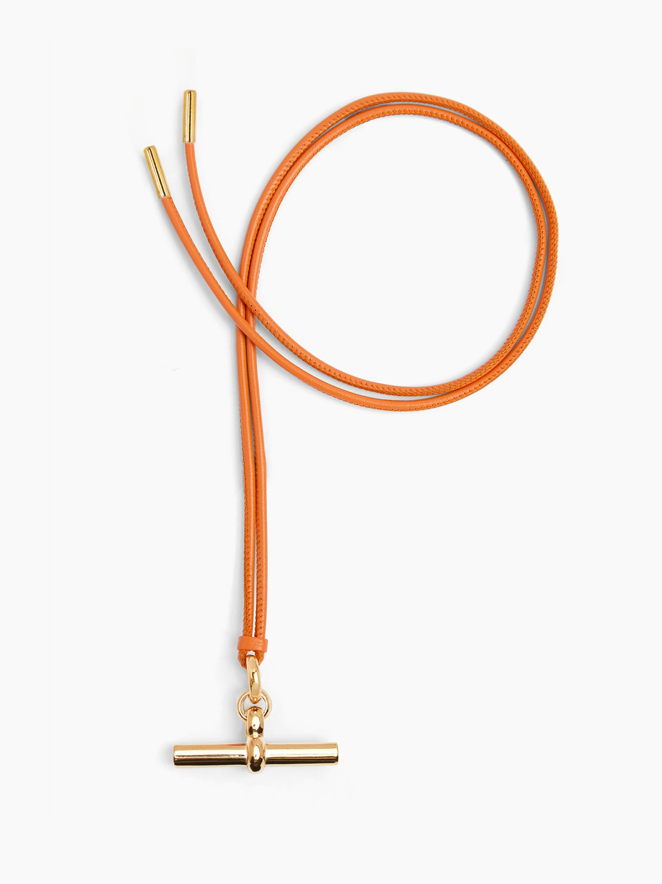 Orange leather cord necklace with large gold T-bar pendant and clasp link