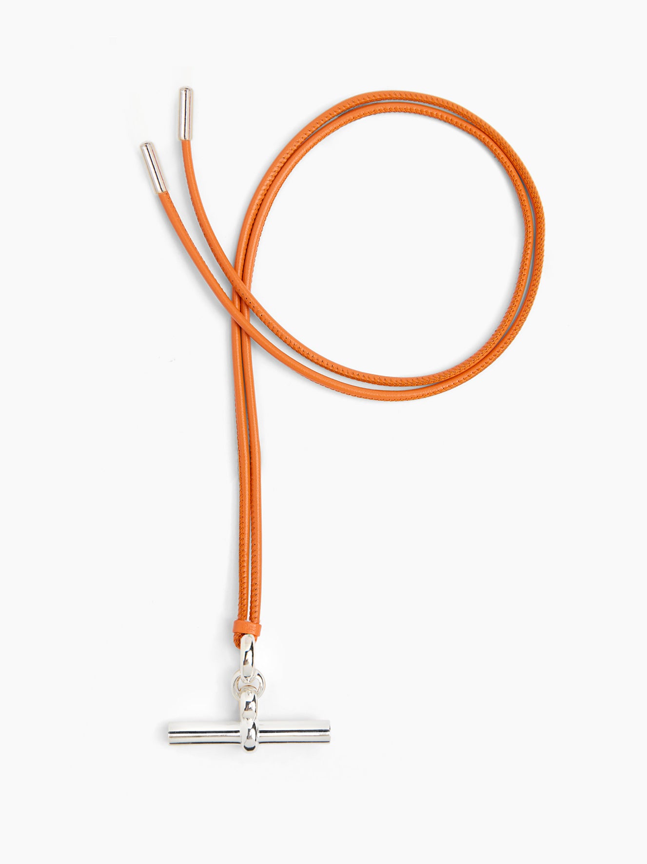 Orange leather necklace loop with silver T-bar clasp and two connector ends