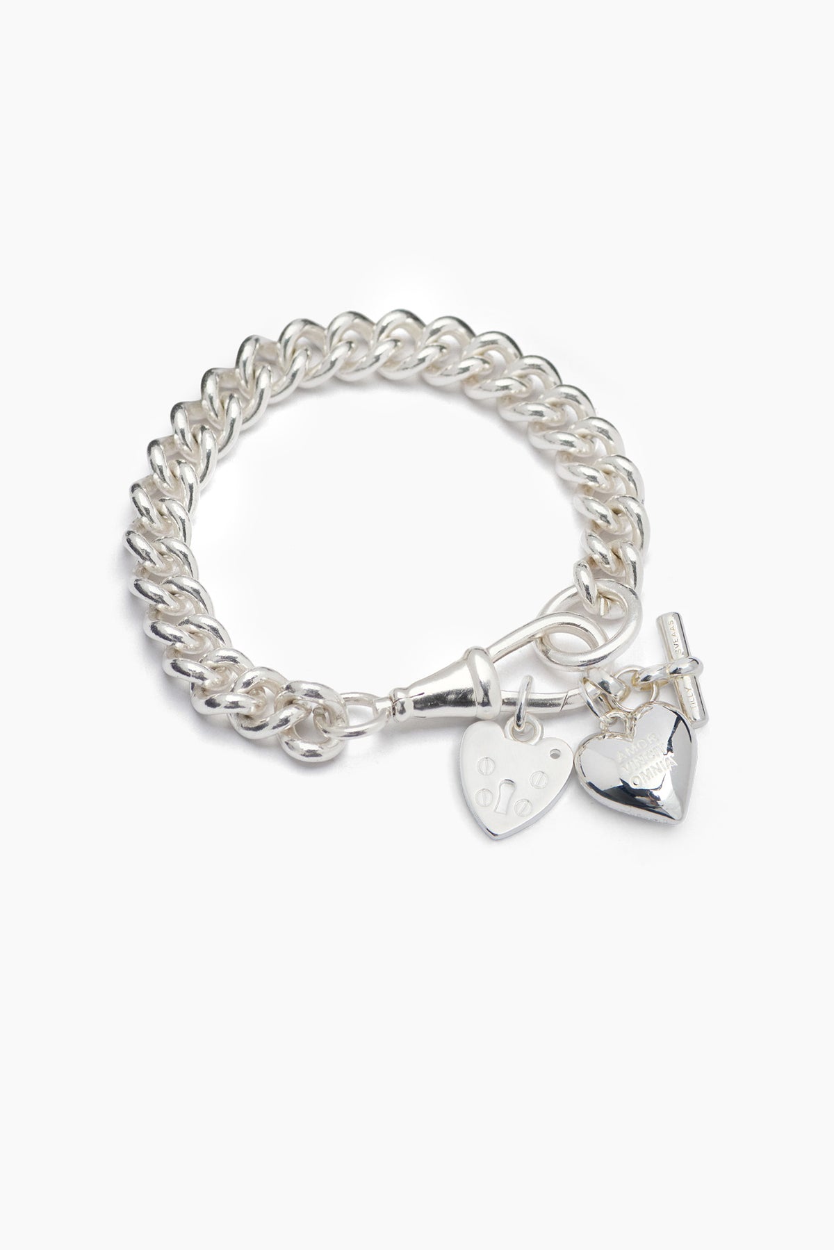 Silver chain bracelet with heart and padlock charms, adjustable clasp