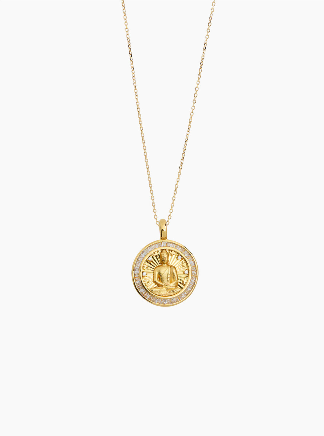 Gold jeweled Buddha medallion pendant necklace on trace chain