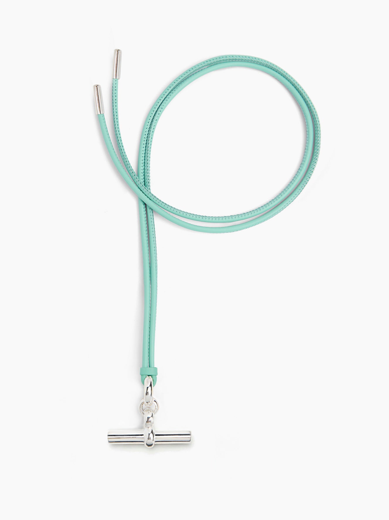 Aquamarine leather necklace with medium silver T-bar pendant on cord
