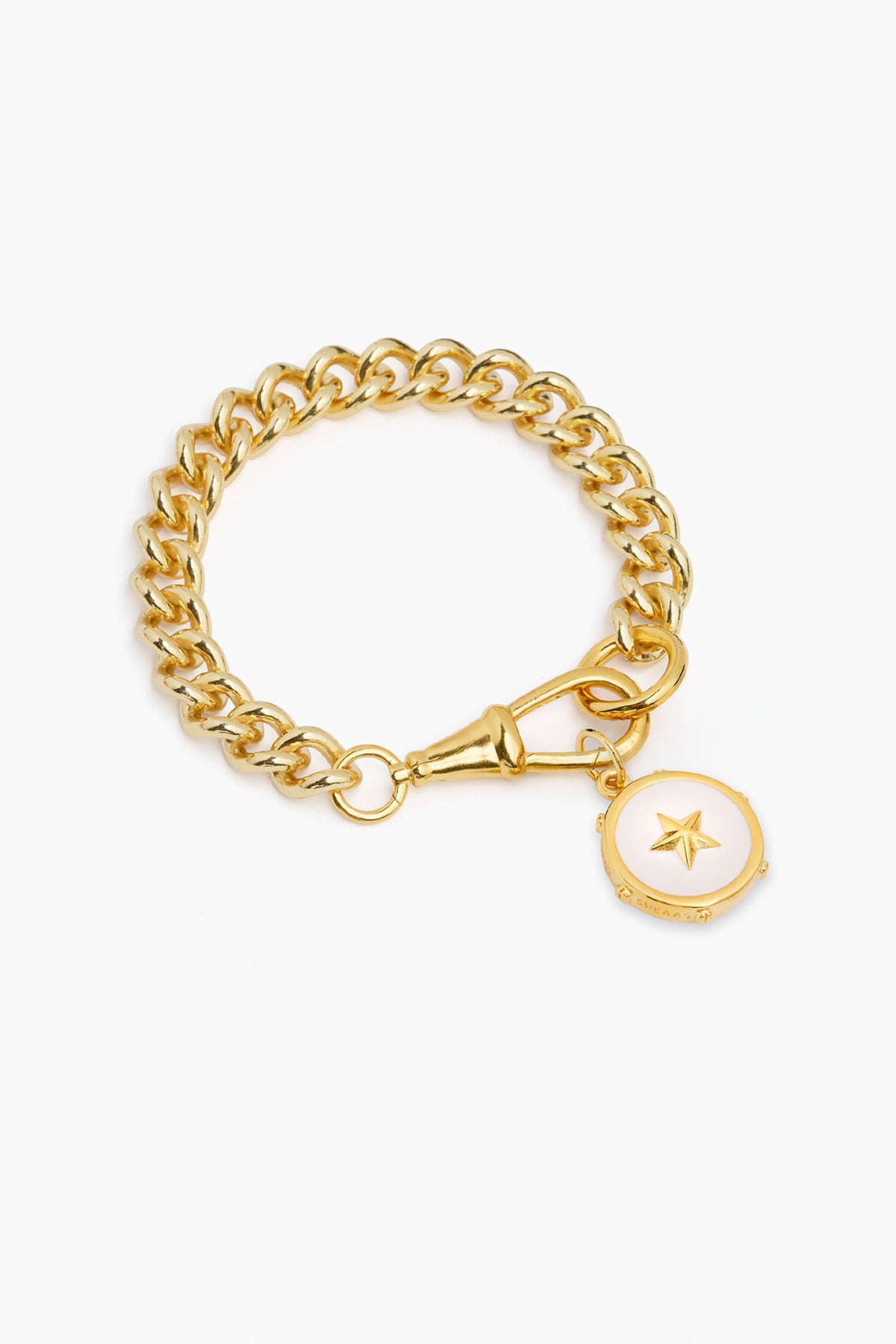 Gold chain bracelet with round star dial charm and heart-shaped clasp