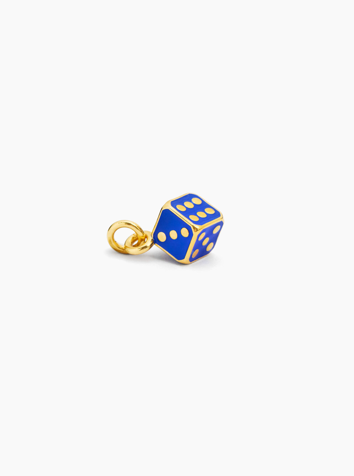Blue enamel dice charm with gold loop, dotted face details
