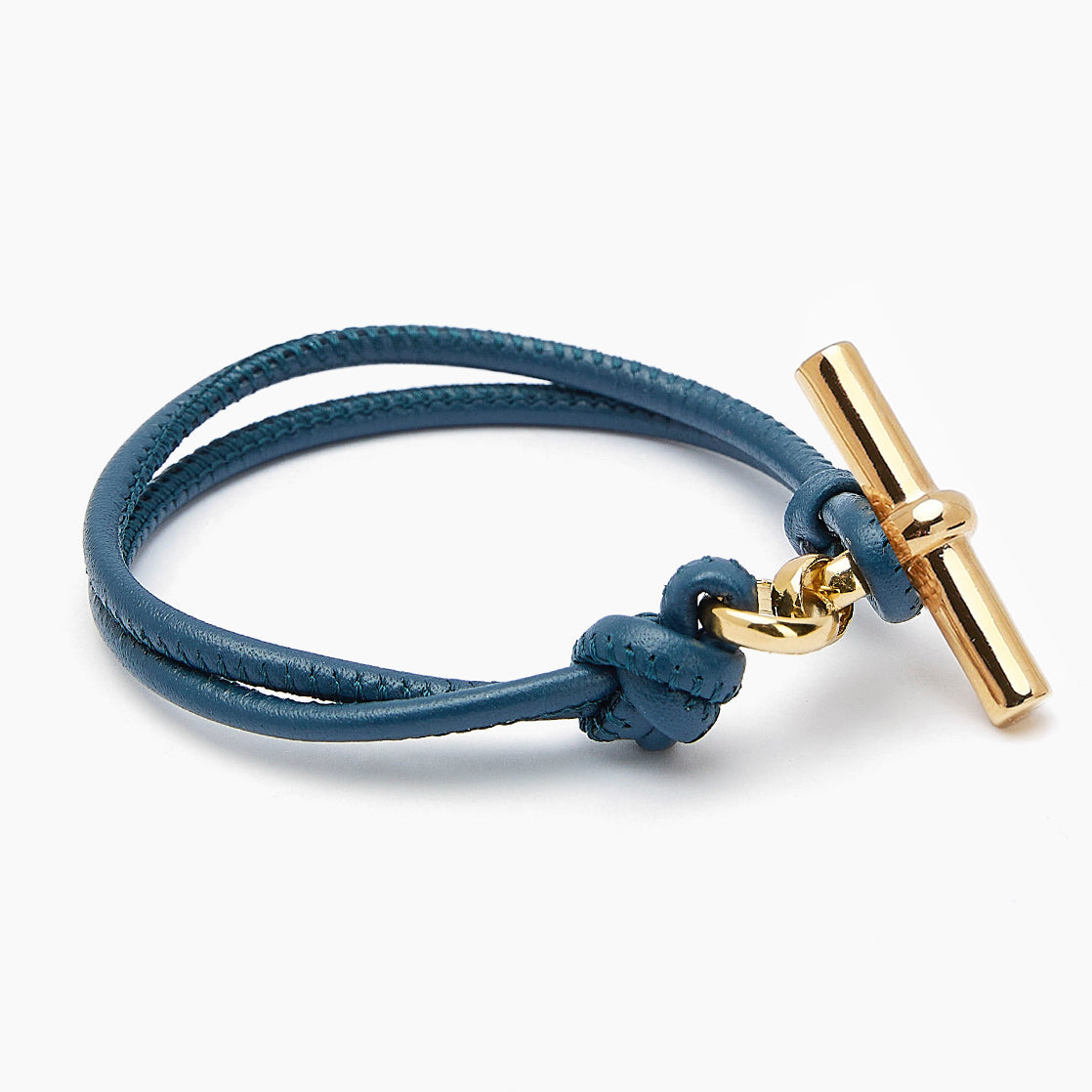 Gold T-Bar on Navy Leather Bracelet