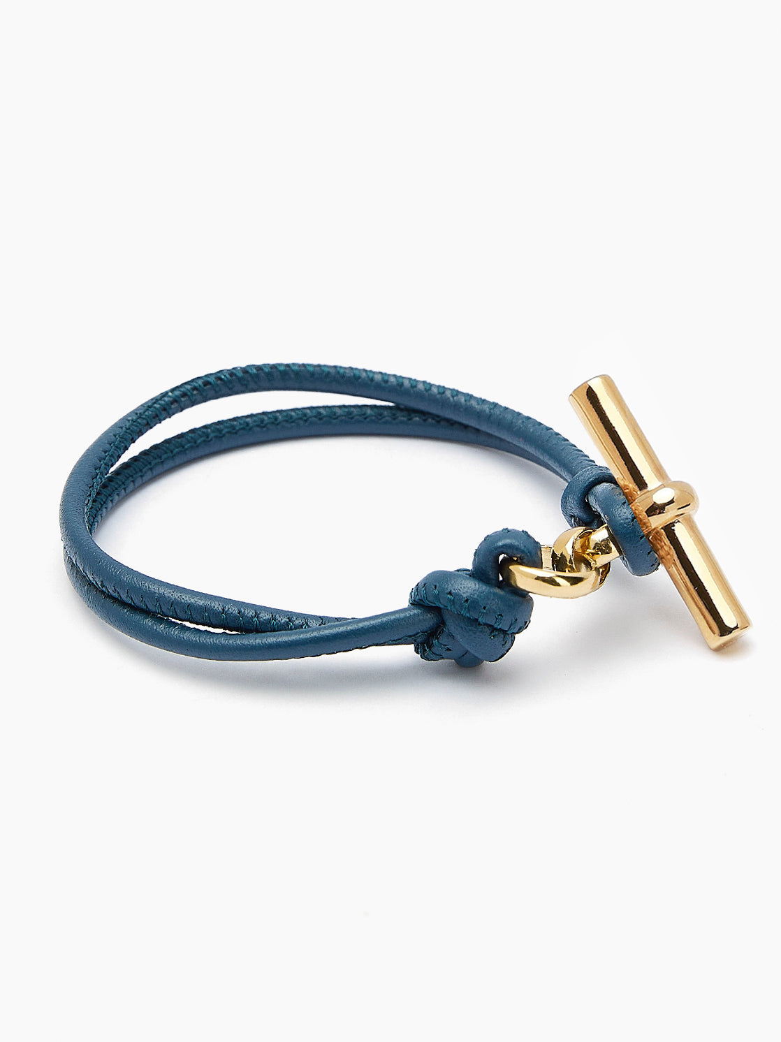 Gold T-Bar on Navy Leather Bracelet