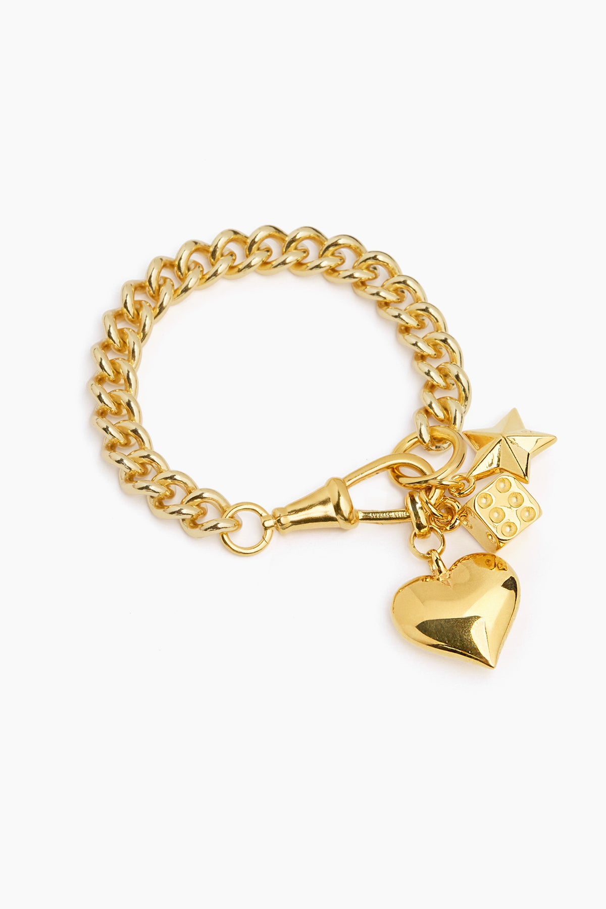 Gold charm bracelet with star and heart pendants on curb chain