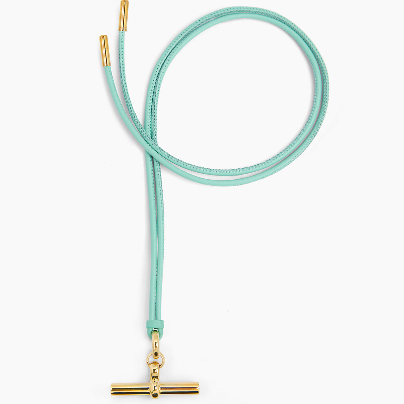 Aquamarine leather necklace with gold T-bar pendant and gold cord ends