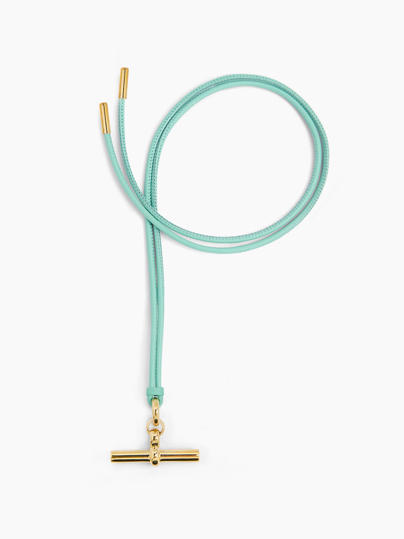 Aquamarine leather necklace with gold T-bar pendant and gold cord ends