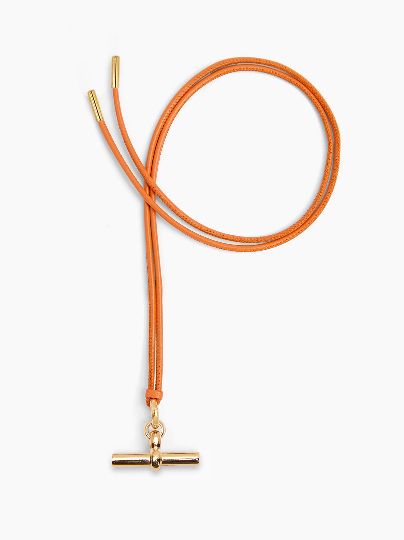 Orange leather necklace with medium gold T-bar pendant and clasp ring